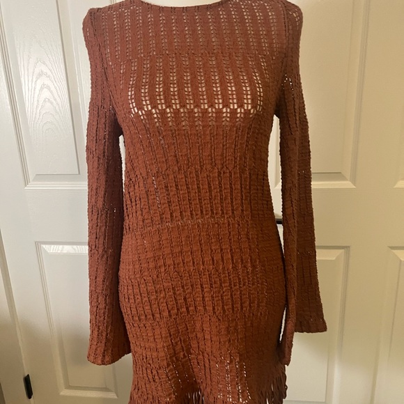 Anthropologie Rust Open Knit Sweater Dress Fringe Hem XXS - Picture 2 of 5